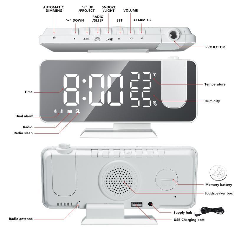 Other Clocks & Accessories 2021 LED Digital Alarm Clock HD Projection With Temperature/humidity Display Radio Function USB Mirror Bedside