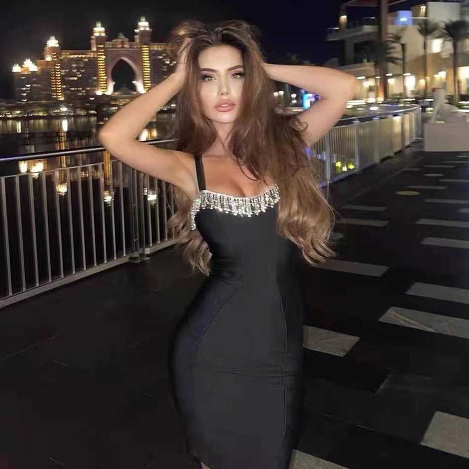 Women's Tassel Deep V Neck Dress Spaghetti Strap Sleeveless Mini Sexy Nightclub Party Bodycon Bandage 210525