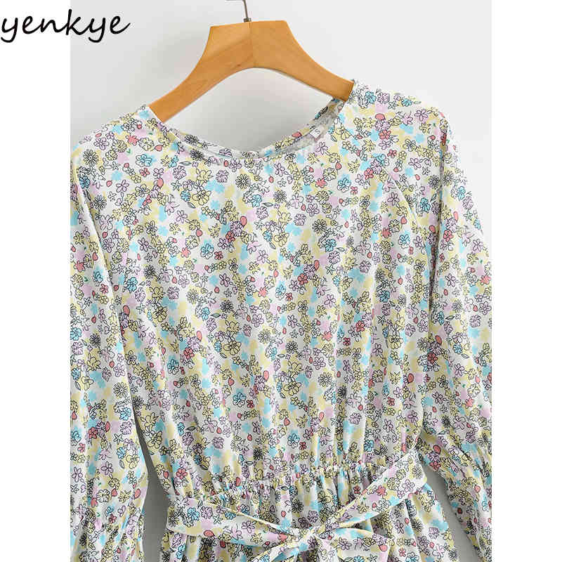YENKYE Sexy Backless Sweet Floral Print Dress Women O Neck Long Sleeve With Belt A-line Female Dress Plus Size Summer Vestido 210515