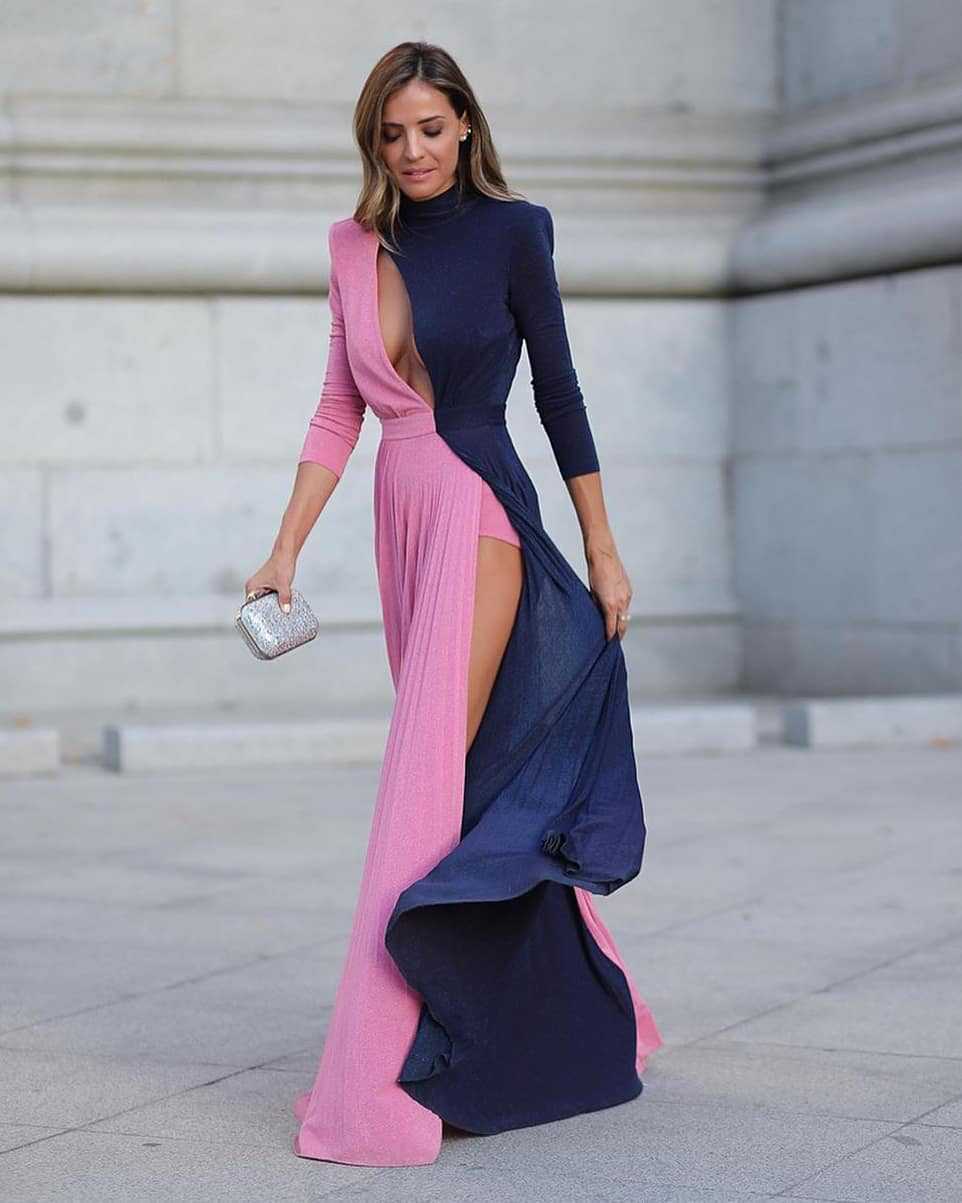 Women Dress Hollow Out Split Sexy Color Stitching Maxi es Temperament Long Sleeve High Waist Ball Gown 210513