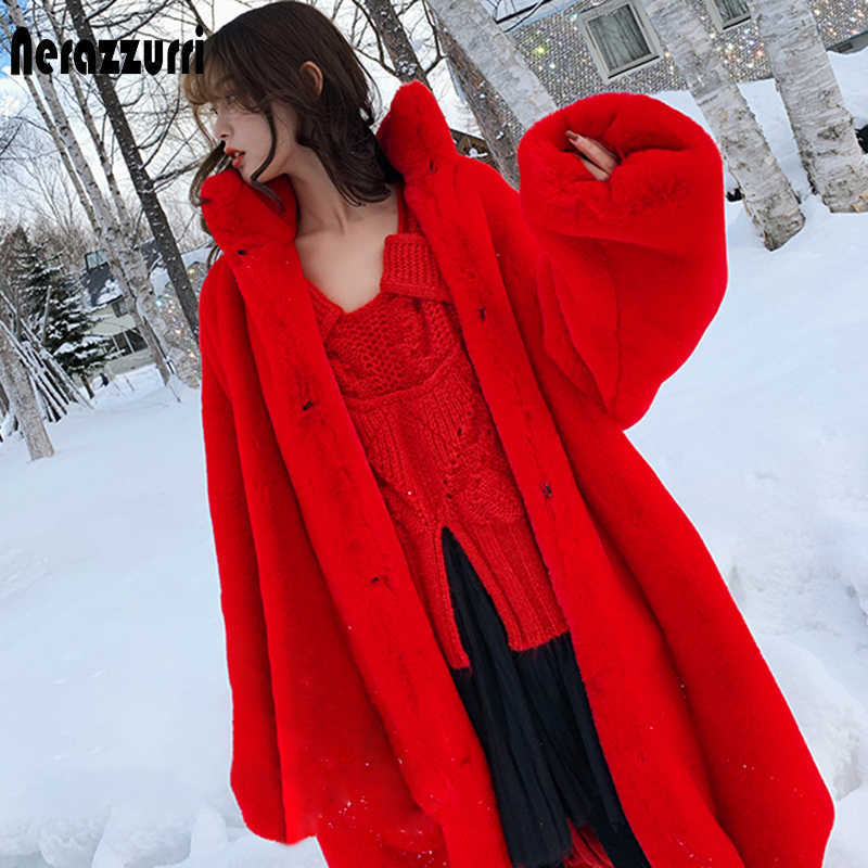 Nerazzurri Oversized red thick warm soft fluffy faux fur coat women raglan long sleeve long fur coats for winter for women 211019