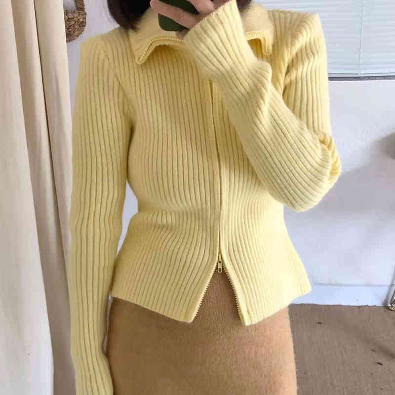 Nomikuma Korean Zipper Stand Neck Knitted Cardigan Long Sleeve Slim Women Sweater Coat Spring New Knitwear Jacket 6E147 210427