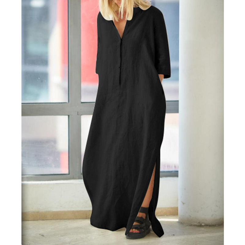 Casual dress large Dresses V-neck middle sleeve button cotton linen split loose pocket gown, White
Casual dress large Dresses V-neck middle sleeve button cotton linen split loose pocket gown, White