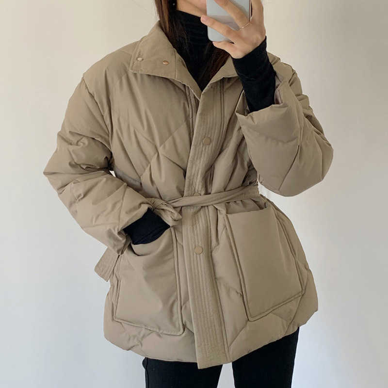 Autumn Winter Argyle Pattern Women Stand Collar Oversized Down Jacket Fashion Single-breasted Solid Parka Lace-up Chic Coat 211007
