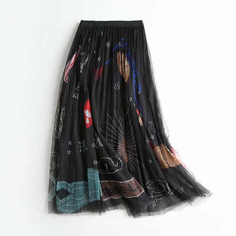 TIGENA 90cm Maxi Tulle Skirt Women Korean Style Fashion Beautiful Print A Line High Waist Pleated Long Female Pink Black 210621