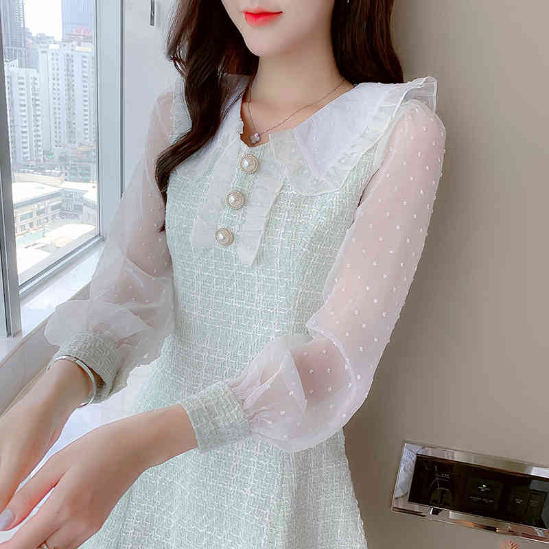 HMA New Autumn And Winter Tweed Woolen Dresses Women Fashion Hit Color Long Sleeve Elegant Sweet Vestidos 210409