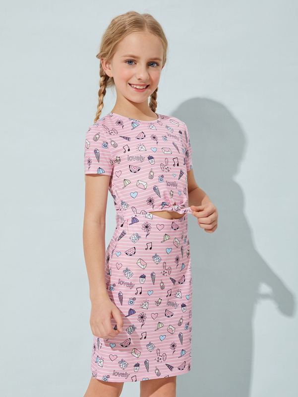 Girls Cartoon and Striped Print Peekaboo Knot Front Dress SHE