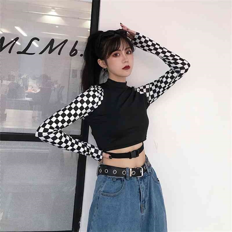 Korean Harajuku Cro Top T Shirt Women Plaid Checkerboard Contrast Color T-shirt Fashion Streetwear Slim Patch Tees 210519