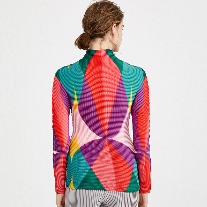 WQJGR Spring and Autumn Womens Tops and Blouses Turtleneck Colorful Graphic Print Folds Womens Shirts 210507