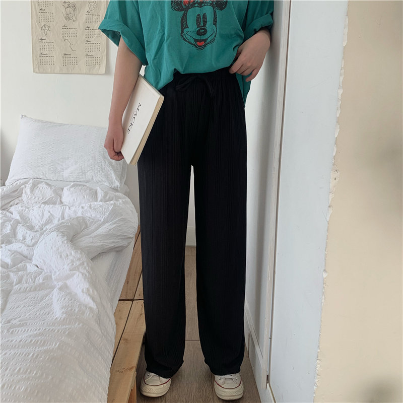High Waist Loose Summer All Match Elastic Slender Straight Office Lady Casual Solid Wide Leg Trousers 210421