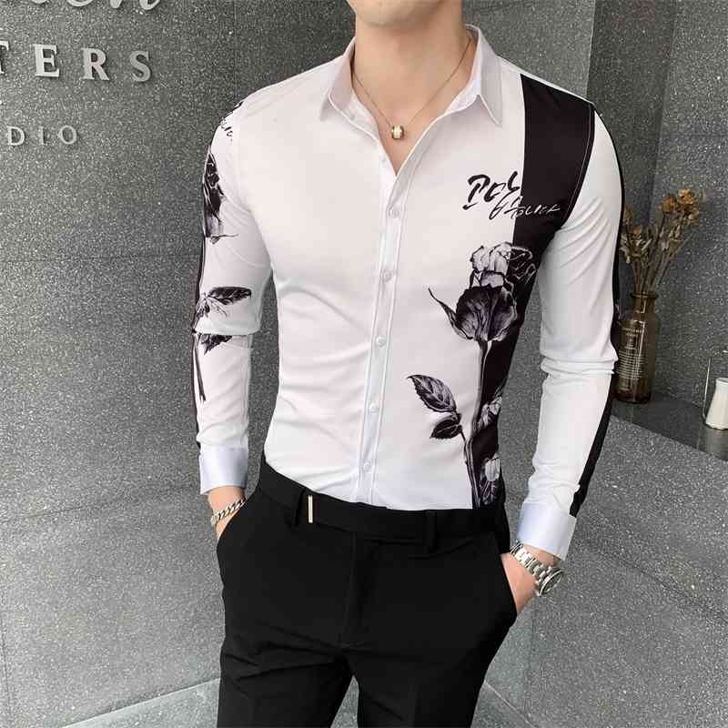 Fashion Patchwork Color Shirt Men Slim Fit Autumn New Long Sleeve Shirts Men All Match Digital Print Blouse Men Clothing 210410