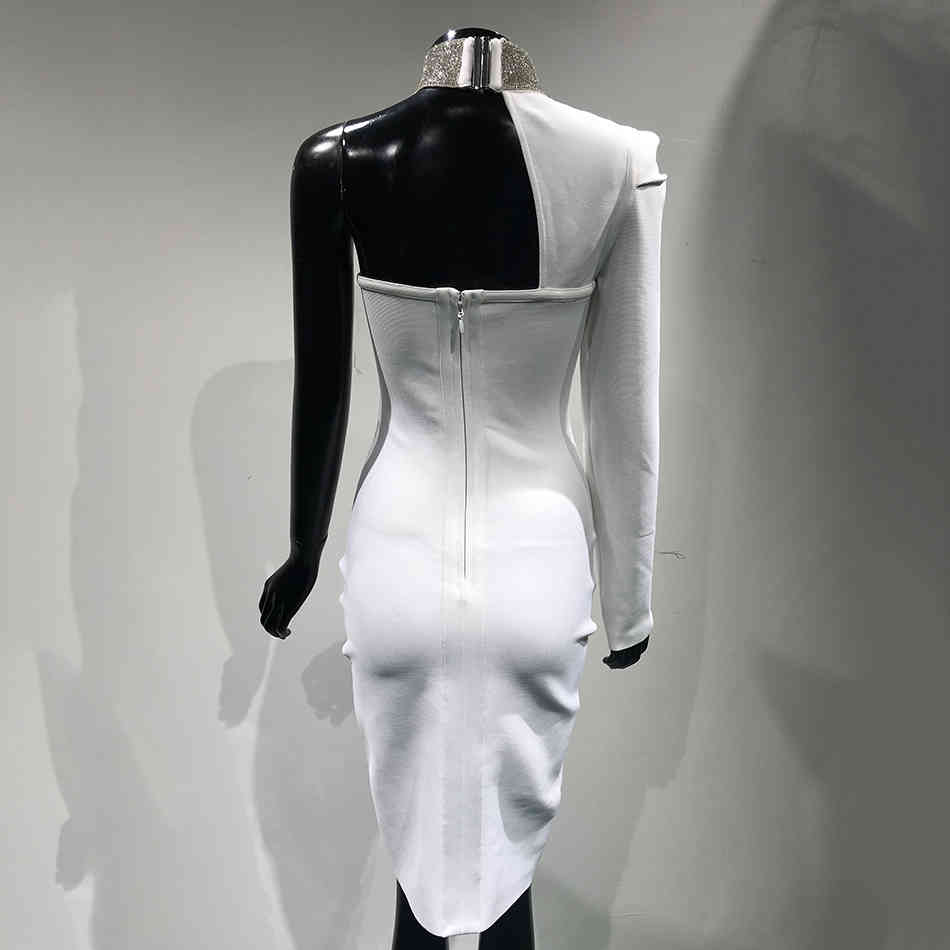 White Sexy One Shoulder Skinny Bandage Dress Party Long Sleeve Nightclub Solid Color Sequin Women 210525