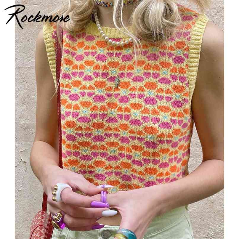 Rockmore Aesthetics Floral Knitted Crop Top Sweater Vest Sweet Sleeveless Tank Pullovers Harajuku 90s Vintage Knitwear 210915