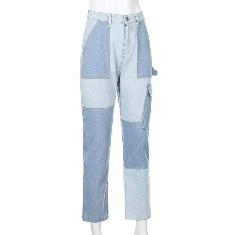 Patchwork Straight Leg Jeans Woman High Waist Denim Trousers Sexy Color Block Vintage Blue Brown Streetwear Pants 210524