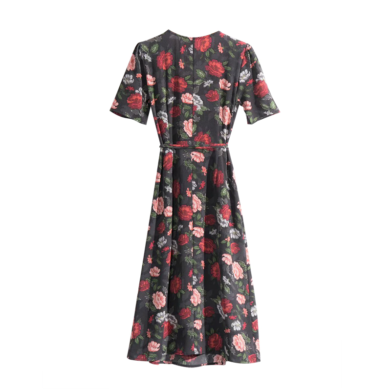 Boho Style Floral Print Knee Length Dress V Neck Bandage Elegant Dress Women Short Sleeve Buttons Summer Sundresses Ropa Mujer 210414
