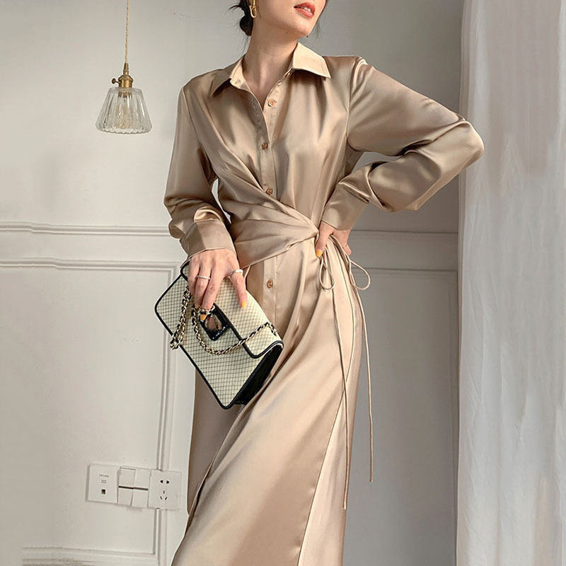 [EAM] Women Champagne Silky Sashes Elegant Slim Dress Lapel Long Sleeve Loose Fit Fashion Spring Autumn 1DD7317 21512