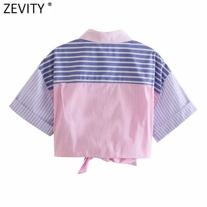 Zevity Women Sweet Patchwork Striped Print Pink Short Smock Blouse Female Hem Bowknot Breasted Shirt Chic Crop Tops LS9210 210603