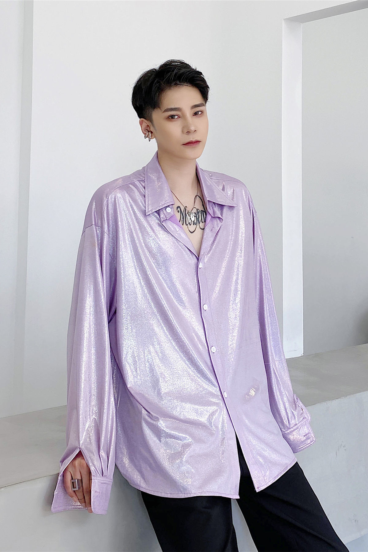 IEFB Men's Wear Oversized Spring Long Sleeve Violet Shirts Spring Blouse Shiny Color Tops Fashion Streetwear 9Y5423 210524
