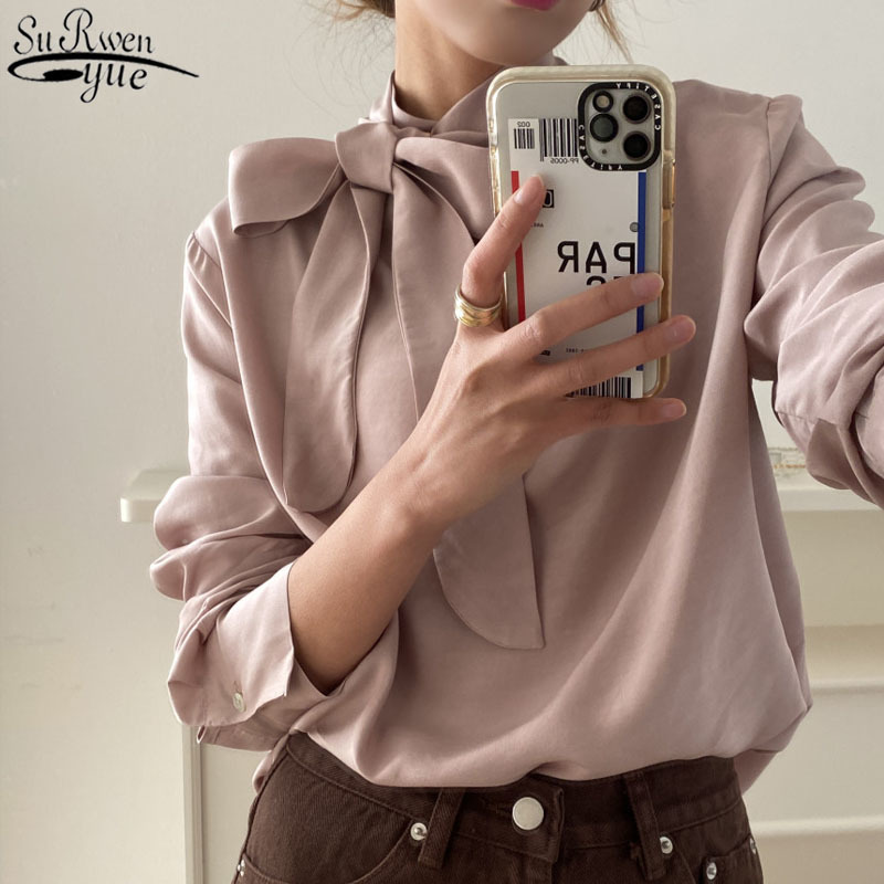 Korea Commute Chic Bow Tie Strap Women's Top and Blouse Loose Casual Long Sleeve Shirts Woman Office Lady Style Female 13341 210427