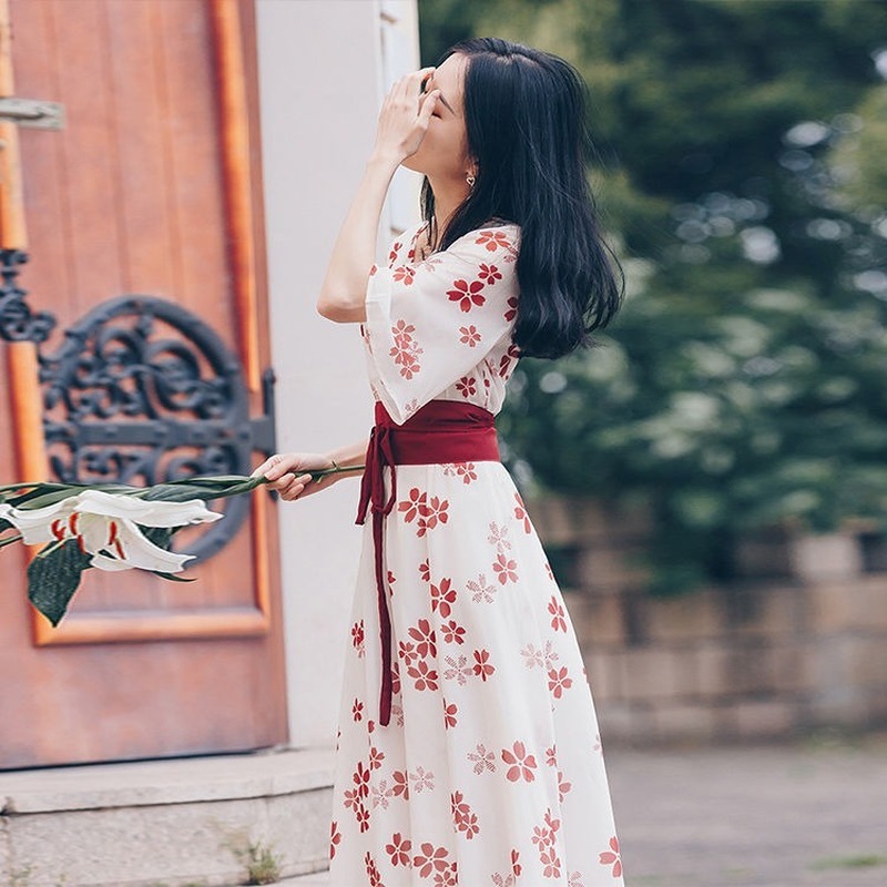 Retro Chiffon Dress Summer Women High Waist Chinese Style Bow Half Sleeve Mid-Calf Dress Floral Print Fashion Clothing 210521