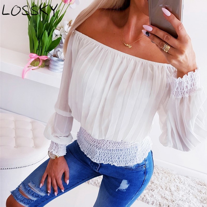 Women Summer Autumn White Chiffon Pleated Off Shoulder Blouse Shirt Sexy Eleagnt Long Sleeve Female Casual Shirts Blouses 210507