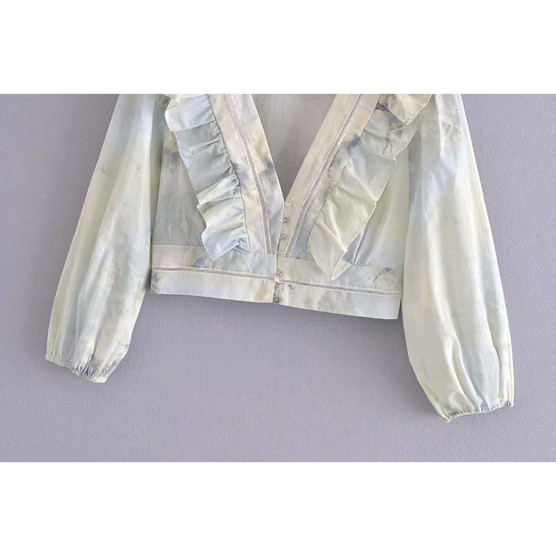 Spring Women Chiffon Tie Dye Tops Ruffled Long Sleeves Shirt Chic Lady Fashion Casual Clothes 210517