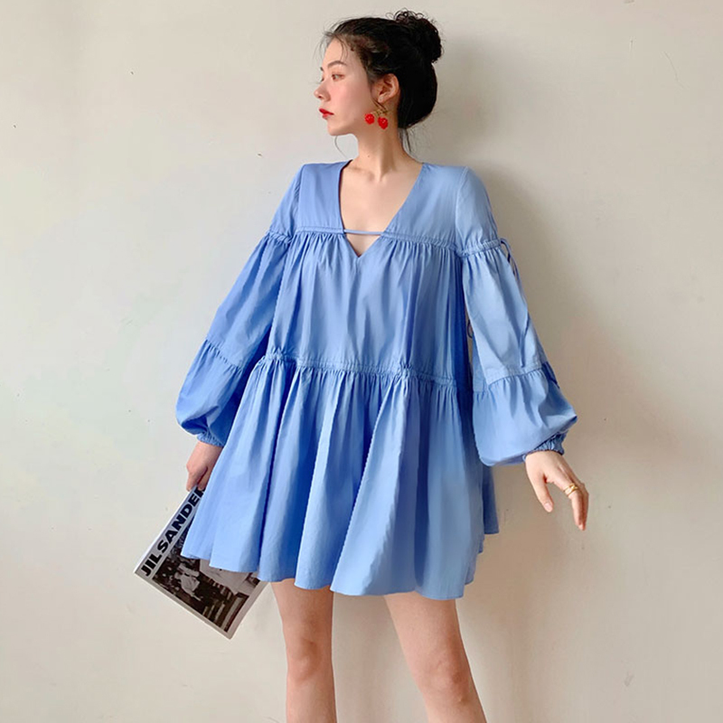Elegant Backless Dress For Women V Neck Lantern Loose Sleeve High Waist Dresses Female Fashion Summer 210520