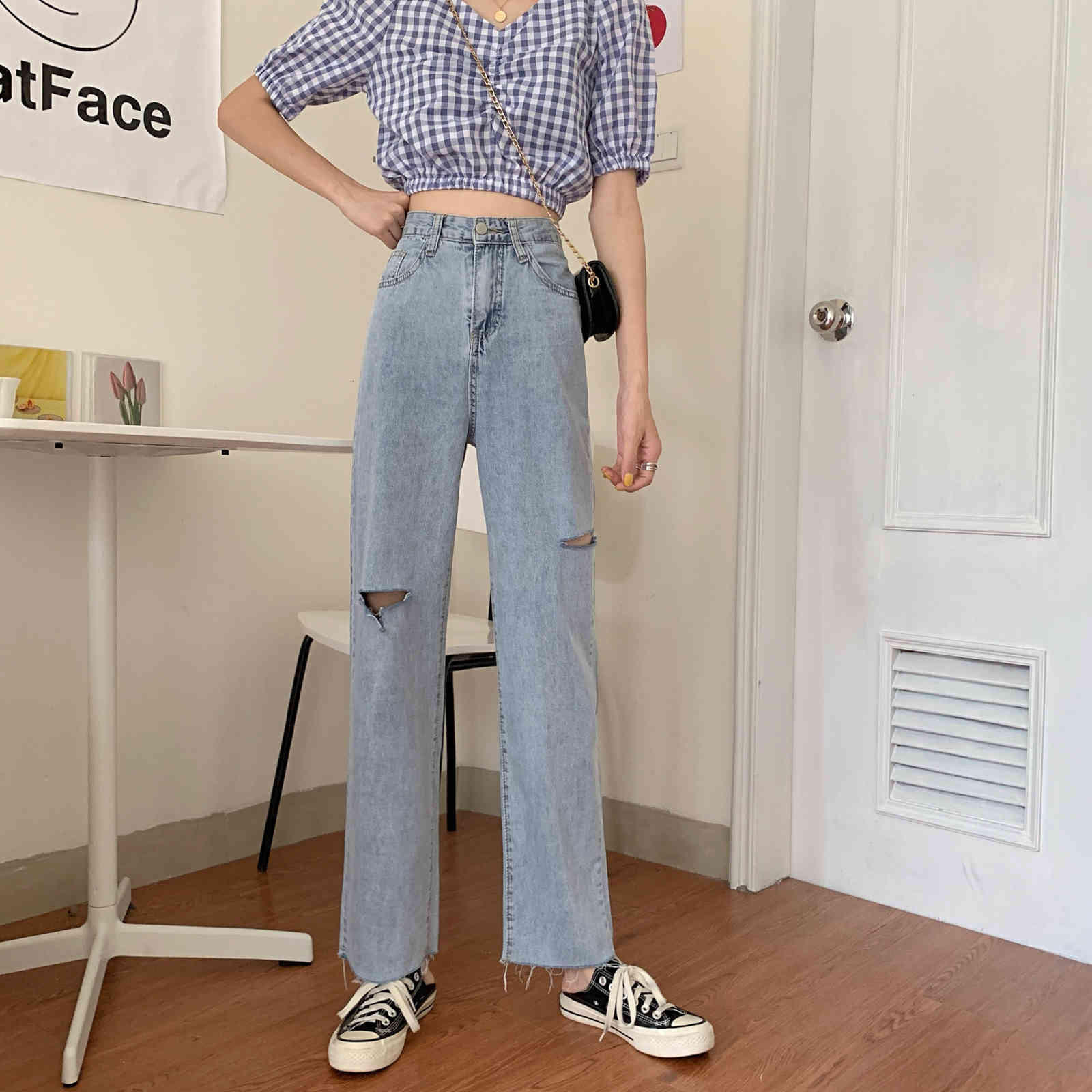 jeans 2021 spring net red high waist pierced women's trousers loose and thin straight wide leg, Blue
jeans 2021 spring net red high waist pierced women's trousers loose and thin straight wide leg, Blue