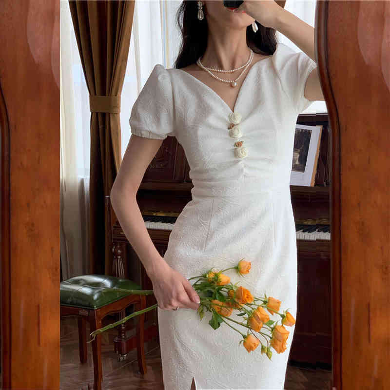 V-neck White Elegant Dress Women Short Sleeve Sexy Slim Dress Female Evening Party Dress Korean Summer Chic 210521