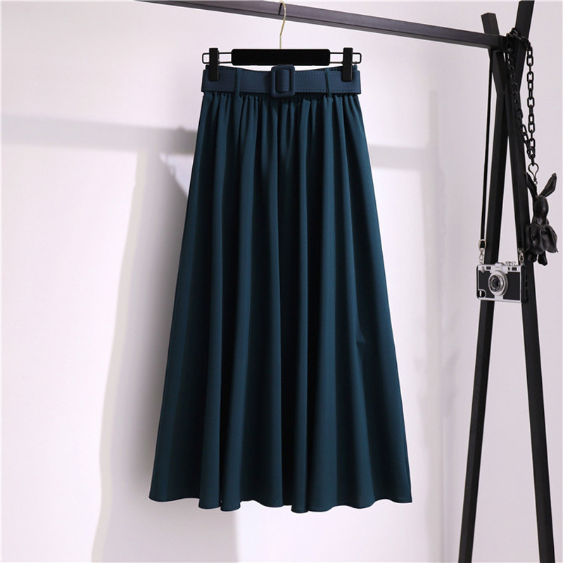 Soild With Belt Pleated Skirts Women Summer High Waist Vintage Splicing A-line Skirt Lady New Elegant Ruffles Midi Skirts 210415