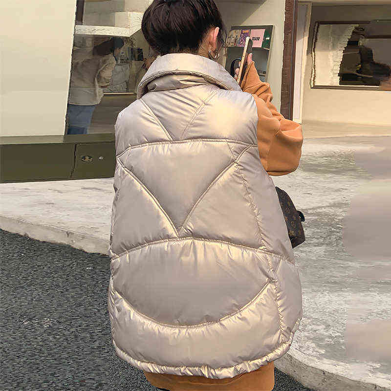 Shinny Winter Puffer Vest Women Solid Turn Down Collar Zipper Quilted Ladies Sleeveless Jacket Loose Korean Style Waistcoat 211105
