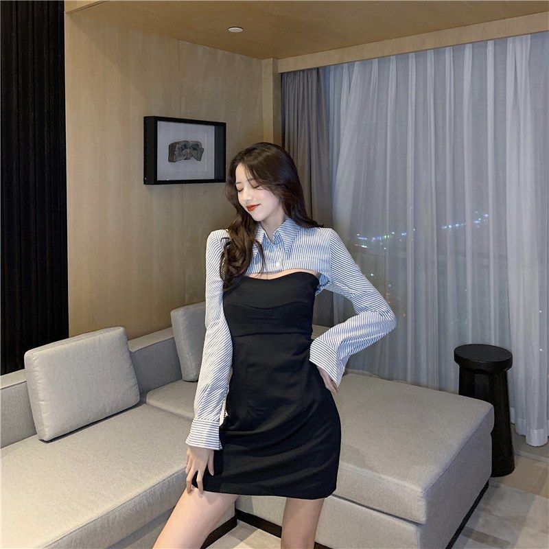 Gothic Y2k Dress Women Casual Stripe Party Mini Dress Female Elegant Long Sleeve High Street Dress Korean Autumn 210521