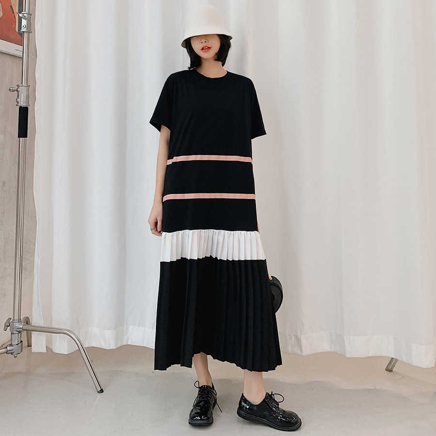 VANOVICH Korean Style Women Dress Summer 's Round Collar Casual Cotton Pleated Short Sleeve Clothing 210615