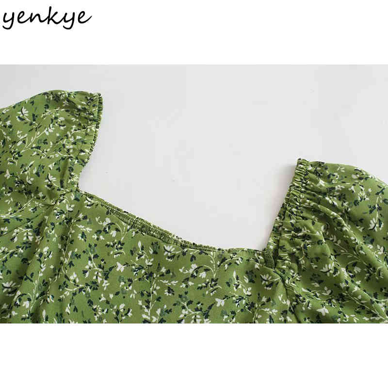 YENKYE Green Floral Print Dress Women Sexy Square Neck Puff Sleeve A-line Short Dress Female Holiday Summer Vestido 210515