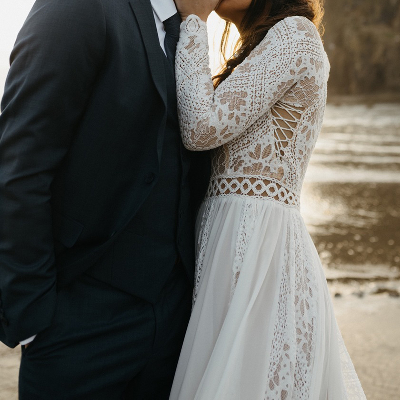 Hippie Boho Beach Wedding Dress Chiffon Seaside Long Sleeve Elopement Backless Bride Dresses Big Size Photoshoot V Neck Lace Bridal Formal Gowns Maria