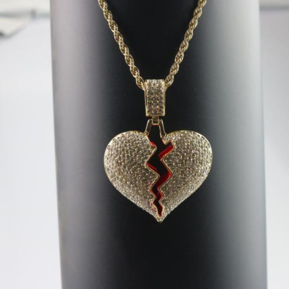 Broken Heart Iced out Pendant Necklace Men's Bling Crystal rhinestone Love charm Gold Silver Twisted chain For women Hip hop Jewelry