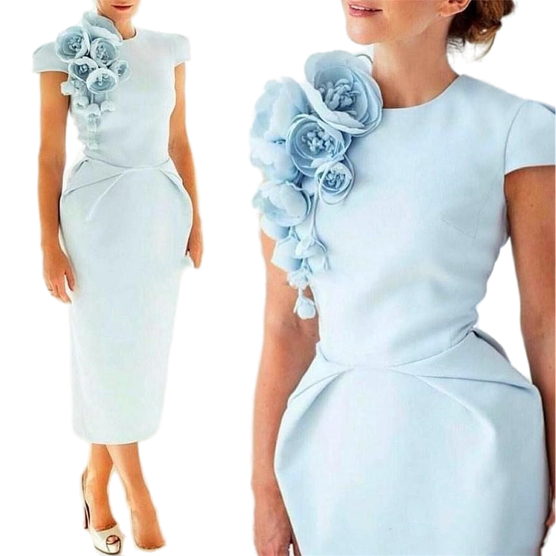 Elegant Light Sky Blue Sheath Groom Mother's Dresses Short Sleeve Tea Length Satin Mother Of The Bride Dresses Jewel Neck Vintage Wedding Guest G