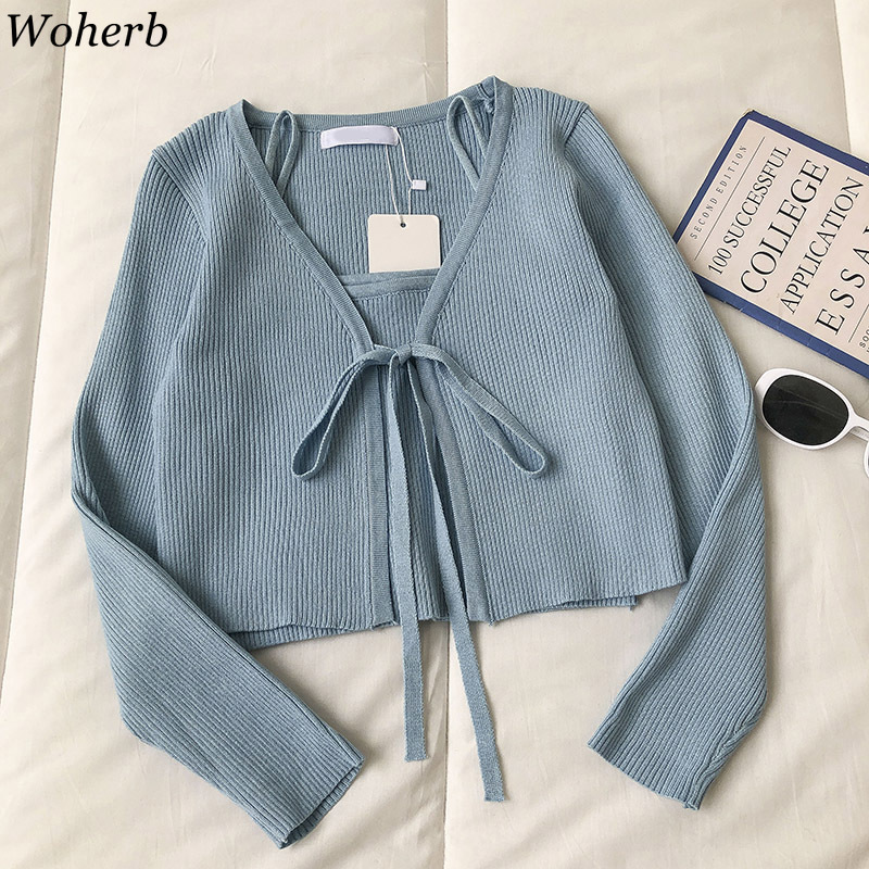 Korean Outfits Women Spring Summer Slim Two Pieces Set Bandage Knitted Cardigan + Vest Chic Fashion Solid Suit Femme 210519