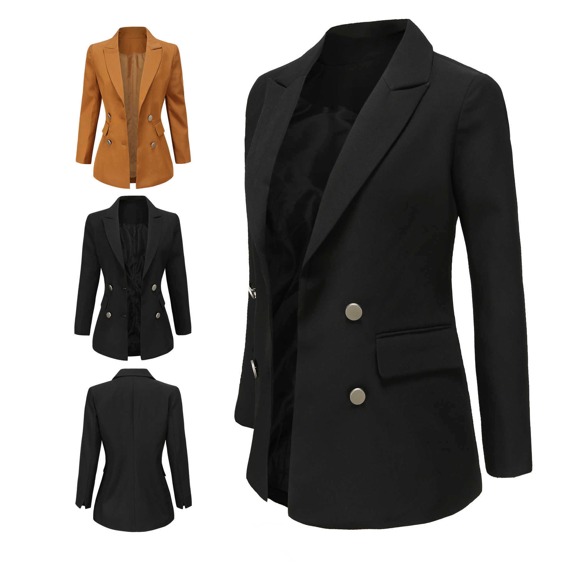 Women Blazer Spring Autumn Notched Neck Double Breasted Office Lady Slim Suit Coats Casual Striped Cuffs Large Size Blazers 210526