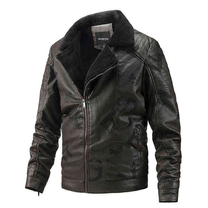 Men Vintage Leather Jacket Turn-down Fur Collar Autumn Winter Thicken PU Jacket Warm Fleece Lined Retro Style Motorcycle Jacket 211111