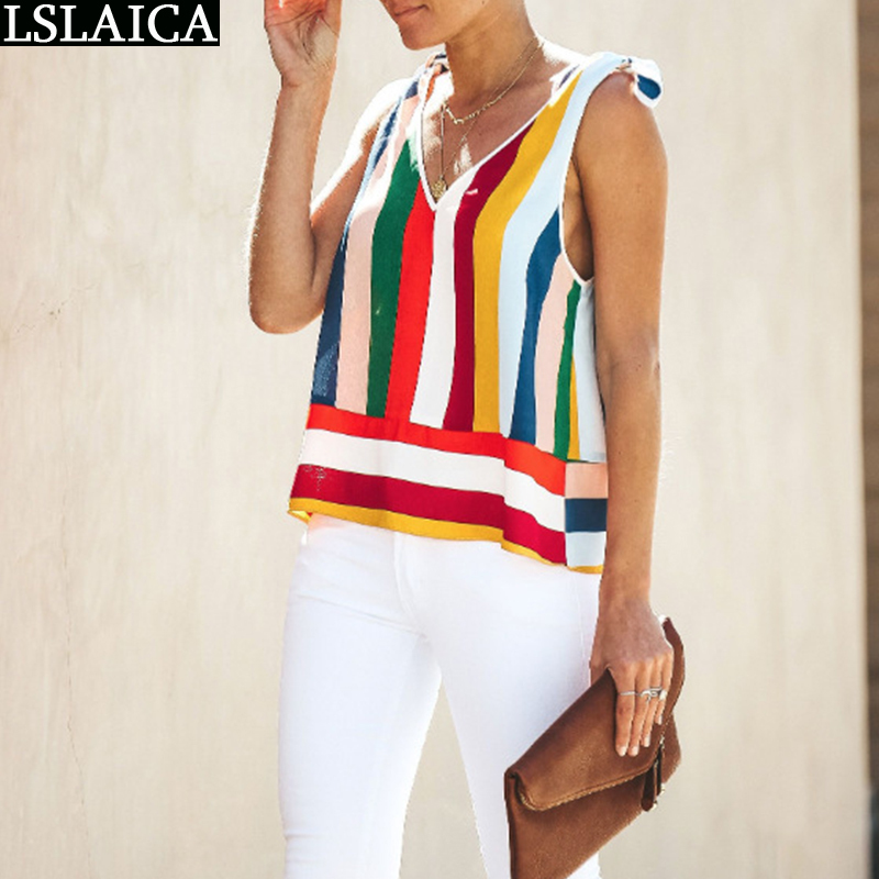 Stripe Print Blouse Women Fashion Sleeveless Shirts Summer Womens Tops Casual Loose Streetwear Clothes Plus Size 210520