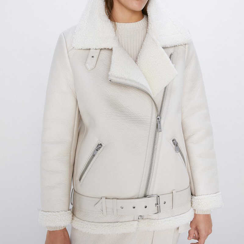 Ly Varey Lin Winter Faux Lamb Leather Jacket Women Faux Leather Lambs Wool Fur Collar Pu Moto Zipper Jacket Warm Thick Outerwear 210908