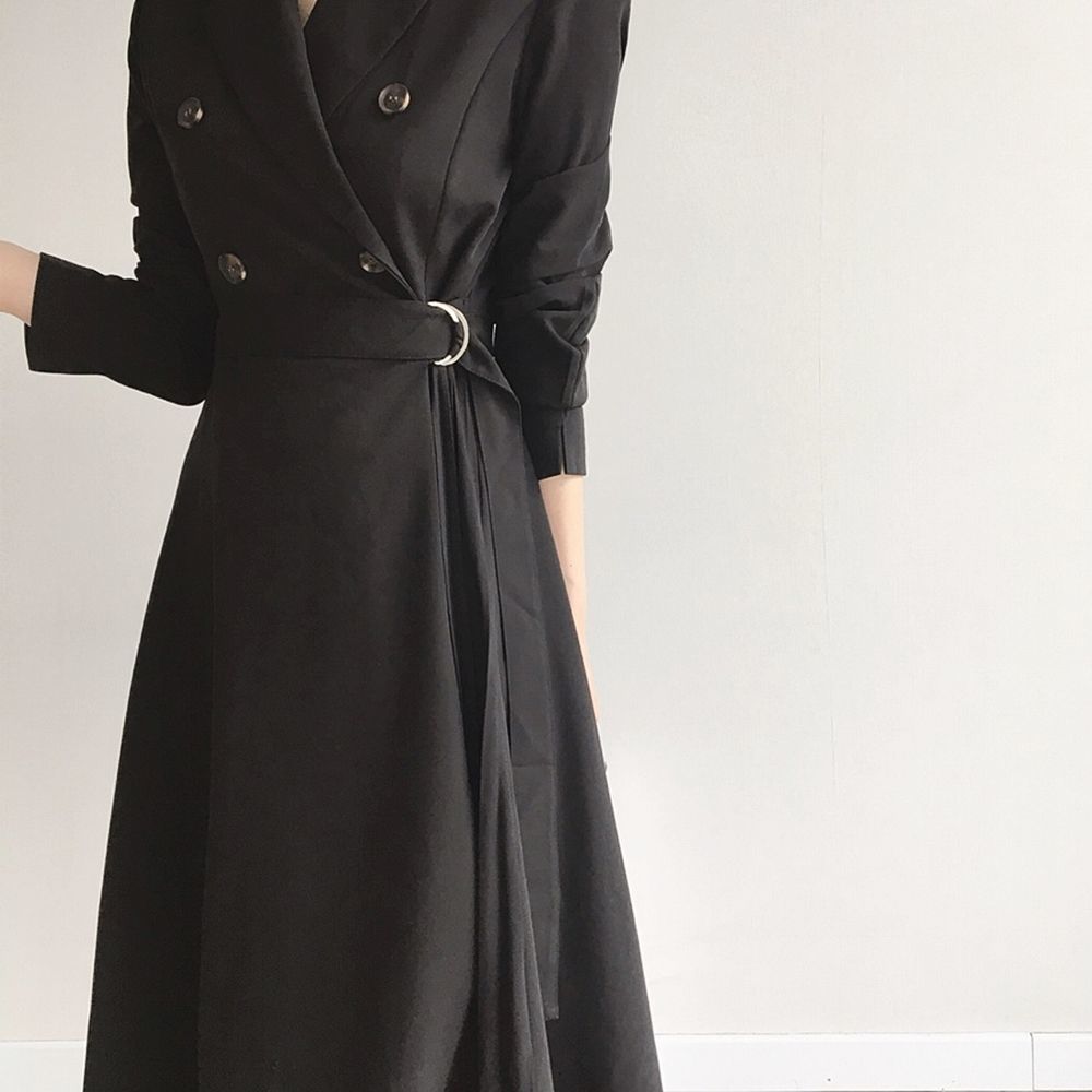 Office Lady Minimalist Autumn Dress Women Long Sleeve Double-breasted Suit Collar Fashion Solid Dresses 210421