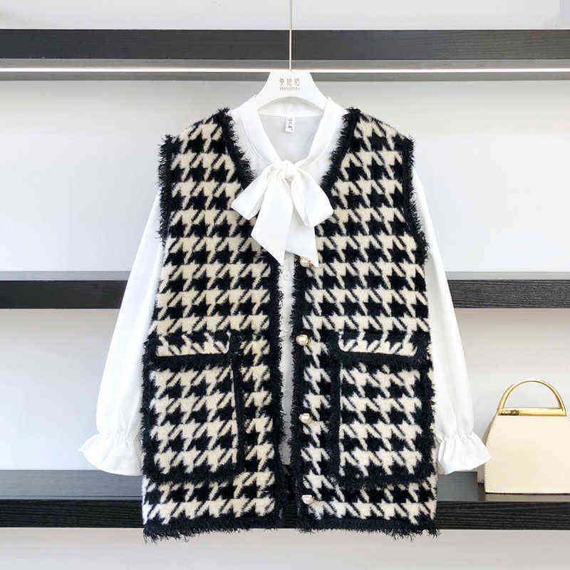 High Quality Houndstooth Faux Mink Fur Women Spring Autumn Single-Breasted Waistcoat Knitted Vest Sleeveless Jacket C-258 211120