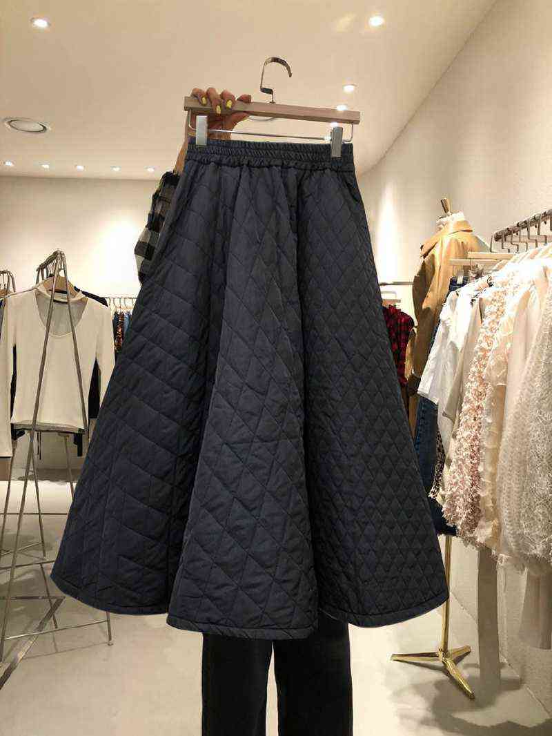Korea Autumn Winter Women Skirt Elastic High Waist Rhombic Woven Quilted Cotton Solid Color A-Line Elegant Female 211119