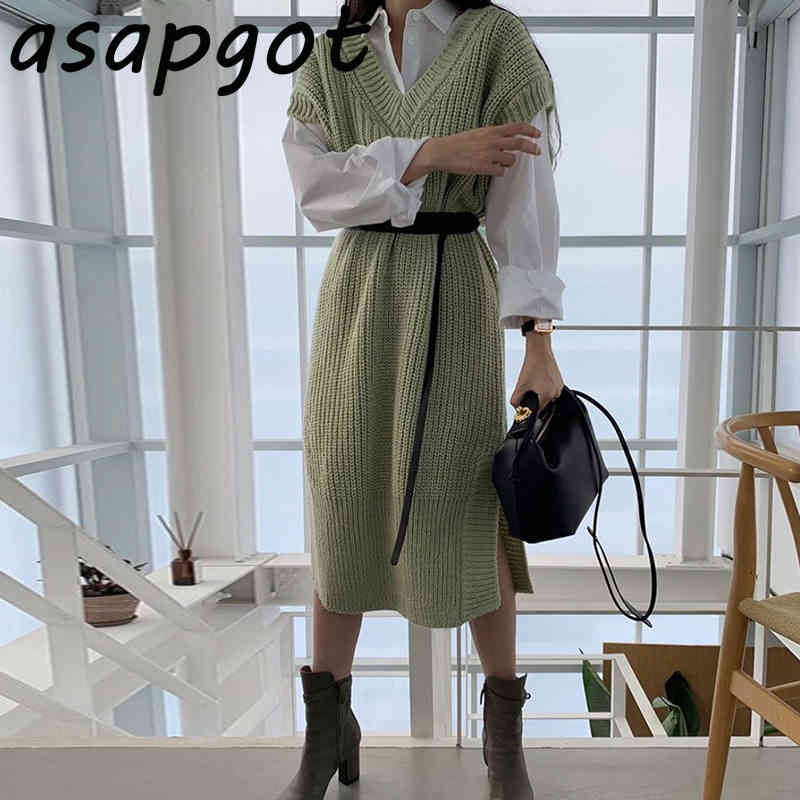 Chic Wild Turn Down Collar Blouse Loose White Shirts Long V Neck Sleeveless Sweater Vest Split Knitted Dress with Belt Casual 210429