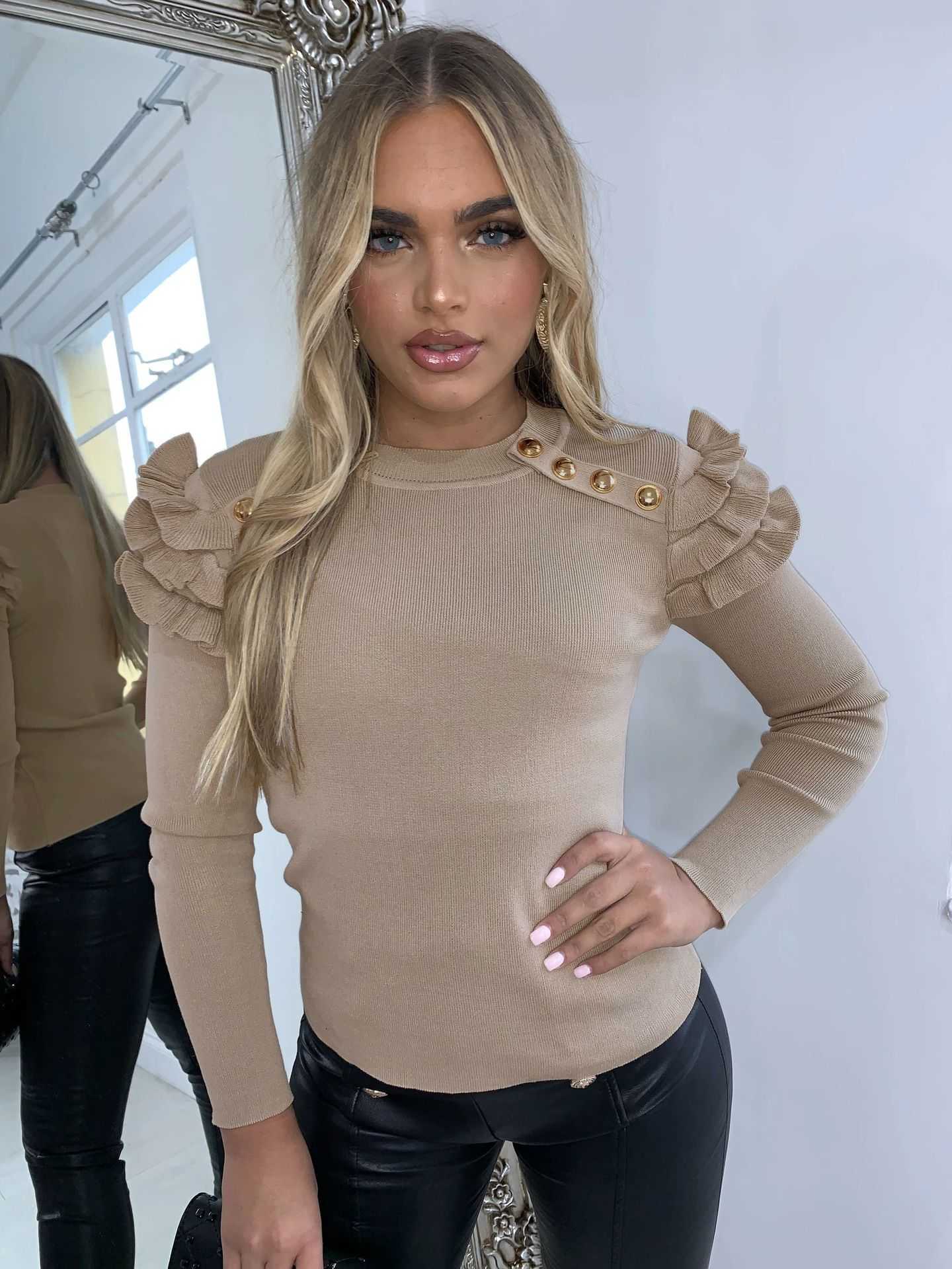 Ruffle Long Sleeve Button Thin Sweater Spring Skinny Elastic OL O Neck Tops Women Pull Vintage Blusas Red Ladies Femme 210526