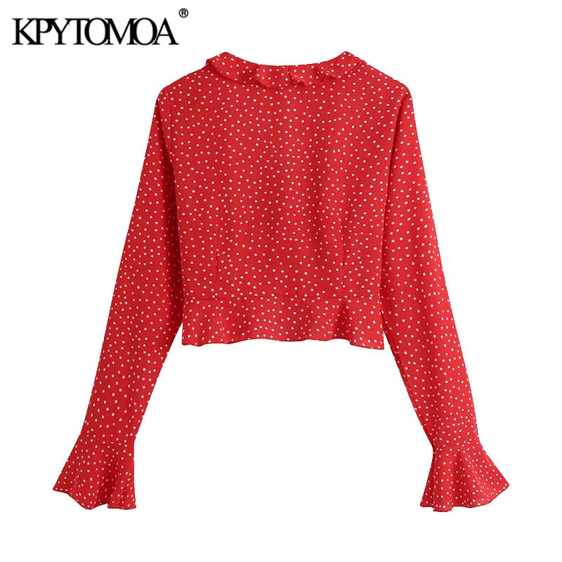 Women Fashion With Bow Tie Polka Dot Cropped Blouses Long Sleeve Ruffled Female Shirts Blusas Chic Tops 210420