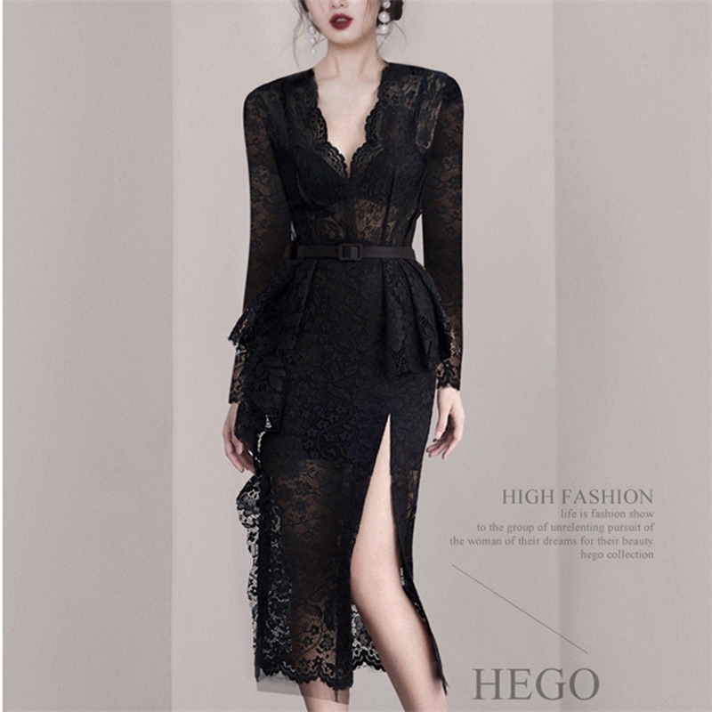 Elegant V-neck High Waist Women Black Lace Dress Vintage Ruffles Sexy split sleeveless Summer Female Party Vestidos 210520