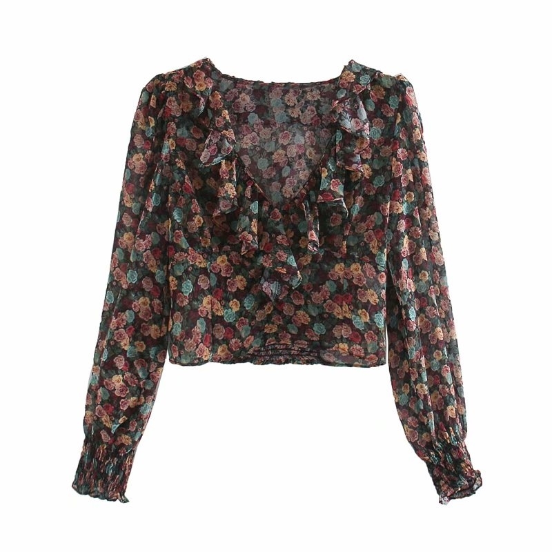 sweet ruffle collar women short shirts summer fashion flower print blouses sexy casual female shirt slim girls blouse 210430